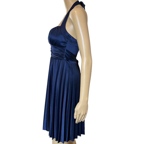 Women Pleated Halter Party Dress Small S Navy Blue Knee Length Stretch - Picture 3 of 13